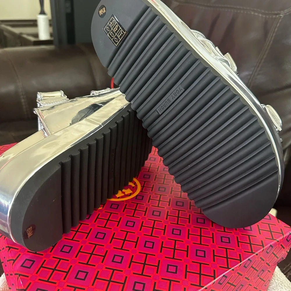 Tory Burch Silver Metallic Platform Slide Sandals